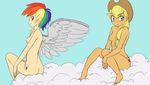  applejack_(mlp) back blonde_hair breasts butt clouds friendship_is_magic hair human humanized looking_at_viewer my_little_pony nude rainbow_dash_(mlp) rainbow_hair sitting smile wings 