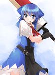  advent_cirno blue_dress blue_eyes blue_hair bow cirno dress food gloves hair_bow meneru mouth_hold popsicle ribbon short_hair solo sword touhou weapon wings 