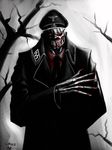  bare_tree bird black_coat black_tie blood bone claw claws cloudy cloudy_sky coat creepy deaths_head eagle german hat hat_covering_eyes highres jacket leather leather_jacket military_uniform nazi necktie outdoors peaked_cap red_eyes rotting schutzstaffel sharp_teeth signature skull solo ss swastika tie tree trees undead zombie 