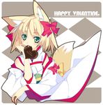  animal_ears blonde_hair chocolate fox_ears fox_tail green_eyes heart original shirokitsune solo tail valentine 