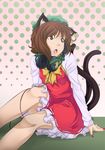 animal_ears bare_legs brown_eyes brown_hair cat_ears cat_tail chen earrings fang fingernails hat headphones headphones_around_neck highres hoop_earrings jewelry multiple_tails nail_polish open_mouth short_hair solo spike_wible tail touhou 
