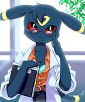  black cleavage clipboard ear_markings female g-sun glasses long_ears looking_at_viewer open_shirt pok&eacute;mon pok&eacute;morph red_eyes solo standing tail umbreon 