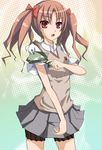  armband bad_id bad_pixiv_id brown_hair fushichou highres long_hair red_eyes school_uniform shirai_kuroko solo sweater_vest thigh_strap to_aru_kagaku_no_railgun to_aru_majutsu_no_index twintails 