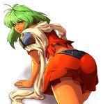  arm_support ass back bent_over emerada_(xenogears) from_behind green_hair looking_back miraki1016 orange_eyes pauldrons scarf shadow shoulder_pads simple_background skirt solo xenogears 