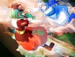  blue_hair bonkara_(sokuseki_maou) boots closed_eyes flying glomp green_hair happy hug kagiyama_hina kawashiro_nitori mountain multiple_girls outstretched_arms touhou two_side_up 