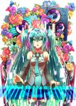  aqua_eyes aqua_hair bug butterfly detached_sleeves flower hamaguri hatsune_miku headset highres insect long_hair looking_up necktie open_mouth piano_keys skirt solo speaker thighhighs twintails very_long_hair vocaloid 