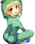  animal_costume black_panties blonde_hair bodysuit frog_costume from_behind green_bodysuit highres latex moriya_suwako naka panties see-through sheer_bodysuit shiny shiny_clothes short_hair skin_tight solo squatting touhou underwear yellow_eyes 