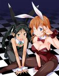  animal_ears black_hair black_legwear blue_eyes brown_hair bunny_ears bunnysuit charlotte_e_yeager checkered checkered_floor francesca_lucchini green_eyes grin kuronyan long_hair multiple_girls one_eye_closed pantyhose smile strike_witches twintails world_witches_series 