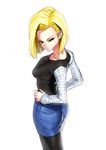  android_18 ass blonde_hair blue_eyes delta_zone dragon_ball dragon_ball_z earrings jewelry looking_back pantyhose pencil_skirt short_hair skirt solo white_background 