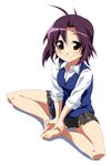  antenna_hair barefoot blush brown_eyes butterfly_sitting face feet hands_on_feet highres idolmaster idolmaster_(classic) idolmaster_2 kikuchi_makoto plaid plaid_skirt purple_hair school_uniform sitting skirt smile solo sweater_vest takeya_yuuki 