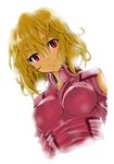  azarashing_day bad_id bad_pixiv_id blonde_hair bodysuit breasts covered_nipples gundam gundam_seed gundam_seed_destiny highres impossible_clothes impossible_shirt large_breasts light_smile pink_bodysuit red_eyes shirt short_hair solo stellar_loussier 