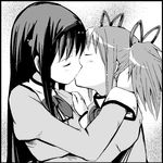  akemi_homura closed_eyes couple greyscale hair_ribbon hairband kaname_madoka kiss long_hair mahou_shoujo_madoka_magica mitakihara_school_uniform monochrome multiple_girls ogadenmon ribbon school_uniform twintails yuri 