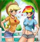  &hearts; applejack_(mlp) blonde_hair breasts cowboy_hat denim_shorts female fence friendship_is_magic green_eyes grin hair hat human humanized john_joseco looking_at_viewer my_little_pony outside rainbow_dash_(mlp) rainbow_hair red_eyes shirt shorts sticking_plaster tree unbuttoned unknown_artist 