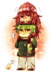  1girl animal bad_id bad_pixiv_id badge beanie bird button_badge chick dandruff dog_tags flaky flippy green_hair happy_tree_friends hat long_hair mika_(1020mk) personification red_eyes red_hair scarf short_hair tears yellow_eyes 