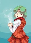  belt breath cold cup green_hair kazami_yuuka plaid plaid_skirt plaid_vest red_eyes short_hair skirt skirt_set solo taichi_(tomo) touhou vest 