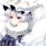  alternate_color alternate_hair_color bad_id bad_pixiv_id blue_eyes colored_eyelashes fox_tail fur_trim hands_in_opposite_sleeves hat multiple_tails slit_pupils solo tail touhou upper_body white_hair yakumo_ran yutazou 