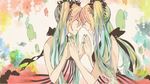  anbivarens bare_back bare_shoulders clone closed_eyes dress face-to-face forehead-to-forehead hatsune_miku highres long_hair multicolored_hair multiple_girls nail_polish symmetrical_hand_pose twintails very_long_hair vocaloid 