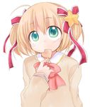  blonde_hair blue_eyes bow cookie food furui_suguri heart highres kamikita_komari little_busters! mouth_hold pink_bow ribbon school_uniform short_hair solo star 