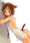  against_wall animal_ears bandages blush brown_eyes brown_hair cat_ears doraeshi facial_mark final_fantasy final_fantasy_xi flat_chest mithra nipple_slip nipples panties see-through short_hair solo tail underwear 