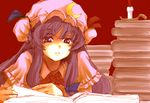  book book_focus book_stack candle crescent face hat kuronuko_neero long_hair patchouli_knowledge purple_eyes purple_hair reading revision sketch solo touhou 