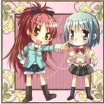  blue_eyes blue_hair blush casual chibi denim denim_shorts flower hair_ornament hairclip hand_in_pocket hands_on_hips hiyopuko long_hair mahou_shoujo_madoka_magica miki_sayaka mitakihara_school_uniform multiple_girls pointing ponytail red_eyes red_hair sakura_kyouko school_uniform short_hair shorts smile 