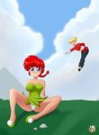  absurdres bad_source blonde_hair blue_eyes braid cosplay costume_switch crossover highres jorge_franco miniskirt multiple_girls panties peter_pan_(disney) ranma_1/2 red_hair role_reversal saotome_ranma saotome_ranma_(cosplay) skirt tinker_bell_(disney) tinker_bell_(disney)_(cosplay) toon underwear white_panties wings 