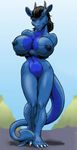  big_breasts black_hair blue blue_eyes breasts claws crossed_arms dragon female hair horns looking_at_viewer nipples nude pussy reptile scalie solo spade_tail tail wide_hips 