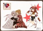  animal_ears blonde_hair bunny_ears dress drill_hair frills gaap long_hair multiple_girls red_hair saya6382 silver_hair skirt stuffed_animal stuffed_toy thighhighs umineko_no_naku_koro_ni ushiromiya_ange virgilia 