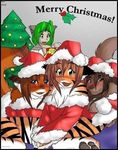  blue_eyes blush bottomless brown_eyes brown_hair canine chest_tuft christmas_tree compression_artifacts covering_self cute ear_tufts feline female flora_(twokinds) fox gift green_eyes green_hair group hair human indoors inside karen_(twokinds) keidran laura_(twokinds) long_brown_hair long_hair looking_at_viewer natani_(twokinds) open_mouth orange shirt stripes tail tiger tom_fischbach tree twokinds wolf xmas yellow_eyes 