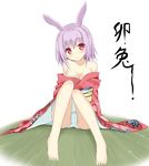  animal_ears bare_legs bare_shoulders barefoot blush breasts bunny_ears cleavage feet head_tilt highres japanese_clothes kimono legs looking_at_viewer obi off_shoulder original panties purple_hair red_eyes sash short_hair simple_background sitting sky_(freedom) small_breasts smile solo underwear white_panties yukata 