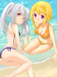  ass bad_id bad_pixiv_id bikini blonde_hair breasts charlotte_dunois cleavage food frills halter_top halterneck heterochromia infinite_stratos laura_bodewig long_hair medium_breasts mouth_hold multiple_girls navel nemuri_miyako no_eyepatch popsicle purple_eyes silver_hair sitting small_breasts submerged swimsuit untied 