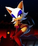  bat boots butt clothed clothing collar female green_eyes legwear looking_at_viewer looking_back makeup mammal nancher rooftop rouge_the_bat sega skimpy solo sonic_(series) tail thigh_high_boots wings 