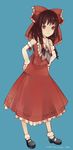  ascot bow brown_eyes brown_hair detached_sleeves dress full_body hair_bow hair_tubes hakurei_reimu hands_on_hips mary_janes mrfatso ribbon shoes simple_background smile socks solo touhou 