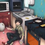  black_hair brown_eyes commentary_request cooking egg failure food frying_pan kitchen microwave original rectangular_frying_pan short_hair sleeves_rolled_up solo yajirushi_(chanoma) 
