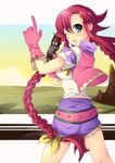  ahoge ass belt blue_shorts blush braid enoo from_behind gloves green_eyes gun hair_ribbon handgun long_hair looking_back one_eye_closed pink_gloves pink_vest pistol pointing rebecca_streisand red_hair ribbon shirt shorts sidelocks sky solo taut_clothes taut_shorts twintails vest weapon wild_arms wild_arms_5 