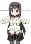  :3 akemi_homura black_hair black_hairband blue_eyes blush cheek_pinching face_stretching hairband kyubey long_hair mahou_shoujo_madoka_magica mitakihara_school_uniform pantyhose pinching school_uniform shirika skirt stretch 