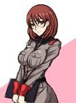  belt black_beat blush breast_squeeze breasts brown_eyes brown_hair gundam gundam_lost_war_chronicles impossible_clothes impossible_shirt large_breasts military military_uniform noel_anderson shirt solo uniform v_arms 
