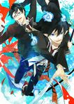  ao_no_exorcist bad_id bad_pixiv_id black_hair blue_eyes blue_fire brothers fangs fire flaming_sword formal glasses jiku_(0128hirosi) multiple_boys necktie okumura_rin okumura_yukio open_mouth pointy_ears siblings striped striped_neckwear suit sword tail tail-tip_fire weapon 