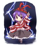  arm_up chibi hat highres lightning nagae_iku pointing pointing_up purple_hair red_eyes solo touhou transparent_background yamabuki_(yusuraume) 