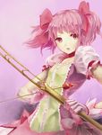  arrow bad_id bad_pixiv_id bow_(weapon) choker gloves helpriver highres kaname_madoka magical_girl mahou_shoujo_madoka_magica pink_eyes pink_hair puffy_sleeves red_choker short_hair simple_background solo twintails weapon white_gloves 