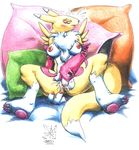  anus bed blush breasts canine chest_tuft digimon eyes_closed female fingering fox gloves masturbation pillow pussy renamon sawblade sitting solo spread_legs spreading tail yellow 