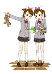  bad_id bad_pixiv_id brown_eyes brown_hair futami_ami futami_mami hanatsuka idolmaster idolmaster_(classic) idolmaster_2 long_hair multiple_girls plaid plaid_skirt school_uniform short_hair siblings side_ponytail sisters skirt stuffed_animal stuffed_toy teddy_bear twins 