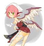  alternate_costume animal_ears bad_id bad_pixiv_id bandages bare_shoulders blush covering covering_breasts embarrassed green_eyes head_scarf katsudansou leaning_forward looking_back mystia_lorelei off_shoulder okamisty pink_hair short_hair simple_background solo touhou wings 