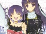  bad_id bad_pixiv_id bare_shoulders blush closed_eyes dissolving earrings flower fractale hair_flower hair_ornament headdress holding_hands interlocked_fingers jewelry long_hair mirin_(heartfull_stories_0718) multiple_girls necklace nessa open_mouth phryne purple_eyes purple_hair smile spoilers twintails 