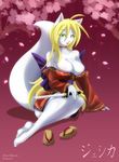  big_breasts blonde_hair blush breasts canine choker female fox green_eyes hair japanese_clothing jessica_elwood jessica_elwood_(character) kimono looking_at_viewer sitting solo sword tail weapon 