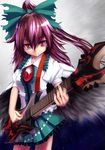  absurdres akai_ronii bad_id bad_pixiv_id bow brown_hair guitar hair_bow highres instrument long_hair music playing_instrument red_eyes reiuji_utsuho solo third_eye touhou wings 