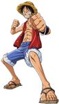  1boy abs anime black_hair clenched_hand fist full_body grin hat male male_focus monkey_d_luffy muscle muscular oda_eiichiro oda_eiichirou official_art one_piece sandals scar shorts simple_background smile solo standing straw_hat transparent_background vest white_background wristband 