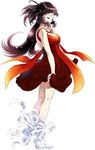  bandages bare_arms belial_(wild_arms) black_hair breasts closed_eyes dress full_body kneepits large_breasts long_hair official_art ooba_wakako red_dress scan simple_background skirt_hold solo white_background wild_arms wild_arms_4 