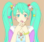  aqua_eyes aqua_hair bad_id bad_pixiv_id bracelet brown_background cake candy cherry cupcake food fruit hatsune_miku heart ice_cream_cone jewelry long_hair lowres nail_polish necklace pink_nails pori_bukuro ring simple_background slice_of_cake solo star strawberry strawberry_shortcake twintails very_long_hair vocaloid 