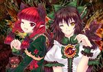  animal_ears bell bird bow braid cat_ears cat_tail extra_ears fangs green_bow hair_bow kaenbyou_rin kaenbyou_rin_(cat) long_hair magic_circle multiple_girls multiple_tails red_eyes red_hair reiuji_utsuho reiuji_utsuho_(bird) riyun_(halodark) short_hair tail third_eye touhou twin_braids twintails wings yellow_eyes 